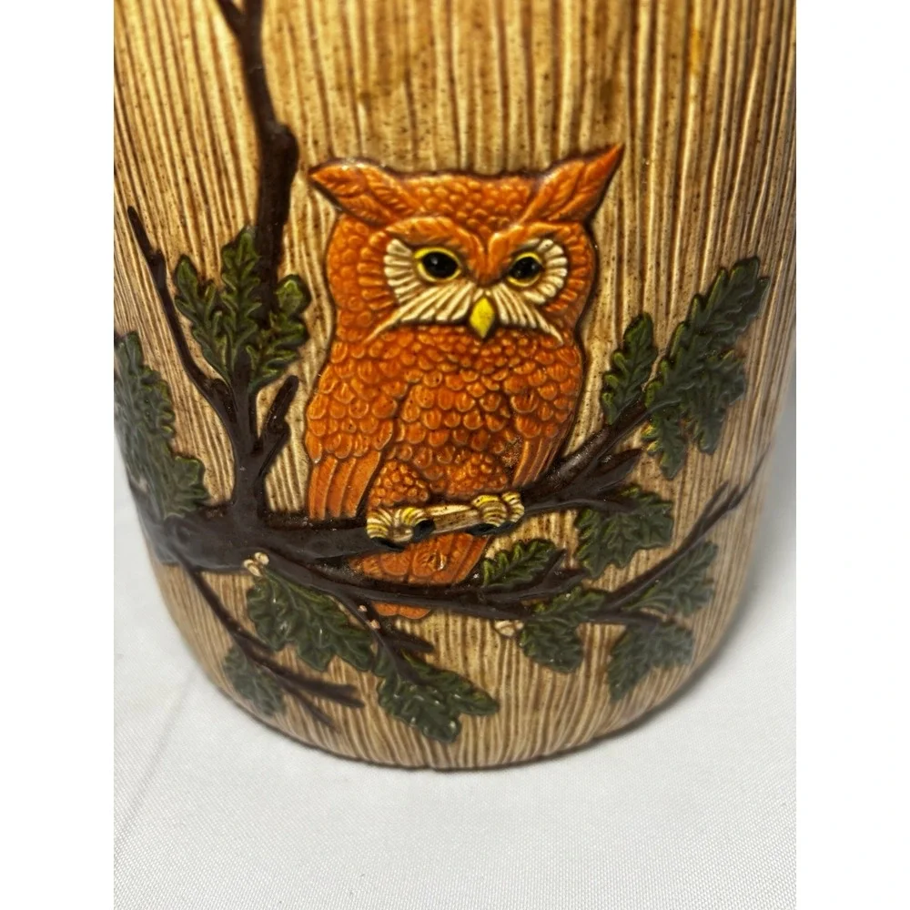 🦉Vintage Owl Ceramic Canister Brown Wood Grain ‎ 8.5